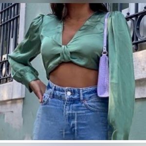 Zara XS Green Satin Effect Knotted Cropped Top